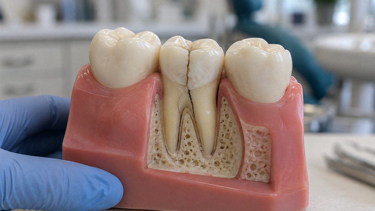 Dental model cut away to show a cracked molar and its roots in the jawbone, held by a gloved hand in a dental office